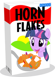 Size: 4668x6574 | Tagged: safe, artist:hornflakes, artist:jamnetwork, twilight sparkle, pony, absurd resolution, cereal, cereal box, corn flakes, female, food, mare, pun, silly, silly pony, simple background, solo, tongue out, transparent background, vector