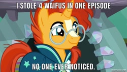 Size: 960x540 | Tagged: safe, edit, edited screencap, screencap, sunburst, uncommon bond, image macro, meme, solo, waifu thief