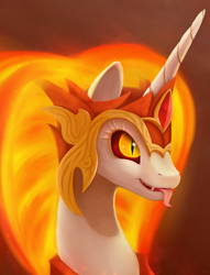 Size: 1970x2574 | Tagged: safe, artist:yunnecora, daybreaker, alicorn, pony, a royal problem, bust, fangs, female, fire, helmet, mare, portrait, smiling, solo, tongue out