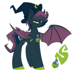 Size: 2000x2000 | Tagged: safe, artist:aegann, oc, oc only, oc:grimoire, bat pony, pony, hat, potion, simple background, solo, transparent background, witch, witch hat