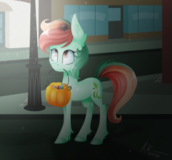 Size: 1024x953 | Tagged: safe, artist:wintersnowy, oc, oc only, oc:gummy horizon, earth pony, pony, spider, mouth hold, nightmare night, pumpkin, pumpkin bucket, rainbow hair, unshorn fetlocks