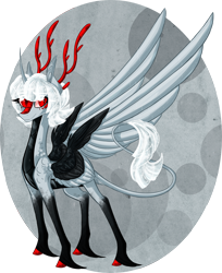 Size: 1958x2400 | Tagged: safe, artist:australian-senior, oc, oc only, oc:kathryn invictus, alicorn, dracony, hybrid, kirin, pony, alternate universe, antlers, colored hooves, curved horn, goddess, kirindos, leonine tail, portal (valve), red eyes, simple background, solo, turret