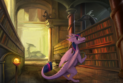 Size: 1500x1005 | Tagged: safe, artist:kodardragon, twilight sparkle, dragon, bipedal, book, bookshelf, cutie mark, dragoness, dragonified, feathered dragon, female, library, looking back, reading, species swap, twilidragon, wings