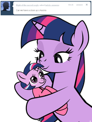 Size: 600x800 | Tagged: safe, artist:dekomaru, twilight sparkle, oc, oc:aurora, pony, ask, baby, baby pony, female, filly, footed sleeper, holding a pony, magical lesbian spawn, mother and child, mother and daughter, offspring, parent and child, parent:trixie, parent:twilight sparkle, parents:twixie, tumblr, tumblr:ask twixie