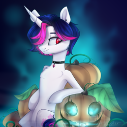 Size: 3000x3000 | Tagged: safe, artist:mp-printer, oc, oc only, pony, unicorn, collar, ear piercing, female, hair over one eye, halloween, holiday, jack-o-lantern, leaning back, mare, piercing, pumpkin, red eyes, smiling, solo