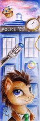 Size: 400x1200 | Tagged: safe, artist:lailyren, artist:moonlight-ki, doctor whooves, earth pony, pony, bookmark, clock, doctor who, floating, food, male, muffin, smiling, solo, sonic screwdriver, stallion, tardis, traditional art