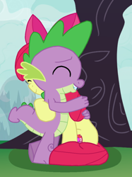 Size: 670x896 | Tagged: artist needed, source needed, useless source url, safe, apple bloom, spike, dragon, earth pony, pony, apple bloom's bow, bow, cutie mark, duo, female, filly, hair bow, hug, male, shipping, sky, smiling, spikebloom, straight, tree