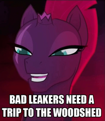 Size: 469x538 | Tagged: safe, edit, edited screencap, screencap, tempest shadow, pony, my little pony: the movie, cropped, image macro, imminent spanking, meme, pretty, smiling, the man they call ghost, true capitalist radio, when she smiles, woodshed