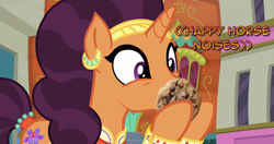 Size: 1366x720 | Tagged: safe, saffron masala, pony, cookie, descriptive noise, food, horse noises, kurta, manip, the tasty treat