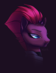 Size: 869x1138 | Tagged: safe, artist:meurol, tempest shadow, pony, my little pony: the movie, broken horn, female, mare, scowl, simple background, solo