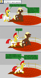 Size: 1000x1900 | Tagged: safe, artist:hakar-kerarmor, oc, oc:arrowhead, oc:moebius strip, earth pony, pegasus, pony, ask four inept guardponies, female, implied kittens, male, mare, pit, reversalmushroom, royal guard, spear, stabbing, stallion, weapon