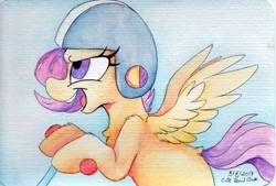 Size: 1786x1208 | Tagged: safe, artist:cutepencilcase, scootaloo, pony, blank flank, chest fluff, female, filly, open mouth, profile, scooter, simple background, smiling, solo, spread wings, traditional art, wings