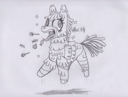 Size: 2219x1685 | Tagged: safe, artist:scribblepwn3, pony, discordant harmony, animate object, candy, food, living piñata, monochrome, pencil drawing, piñata, solo, throwing up, traditional art