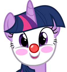 Size: 445x476 | Tagged: safe, artist:trini-mite, edit, twilight sparkle, pony, unicorn, clown, clown makeup, clown nose, cute, female, horn, looking at you, makeup, mare, red nose, simple background, smiling, solo, transparent background, twiabetes, vector