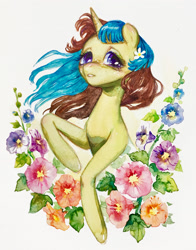 Size: 2367x3024 | Tagged: safe, artist:catmag, oc, oc only, oc:mallow, pony, unicorn, female, flower, mare, solo, traditional art