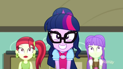 Size: 1280x720 | Tagged: safe, screencap, rose heart, sci-twi, starlight, twilight sparkle, eqg summertime shorts, equestria girls, subs rock, bowtie, cute, discovery family logo, glasses, ponytail, smiling, twiabetes
