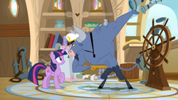 Size: 1920x1080 | Tagged: safe, screencap, iron will, twilight sparkle, twilight sparkle (alicorn), alicorn, pony, once upon a zeppelin, airship, captain hat, helm, zeppelin