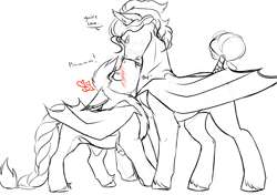 Size: 4299x3035 | Tagged: safe, artist:theecchiqueen, oc, oc only, oc:lafayette roseheart, oc:octavus, bat pony, bat pony oc, blushing, couple, dialogue, fangs, gay, heart, looking at each other, male, monochrome, oc x oc, shipping, simple background, sketch, stallion