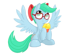 Size: 1024x768 | Tagged: safe, artist:coloringrainclouds, oc, oc only, oc:poppy snap, pegasus, pony, bow, cupcake, female, food, glasses, hair bow, mare, simple background, sitting, solo, transparent background