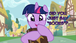 Size: 1366x768 | Tagged: safe, twilight sparkle, pony, book, book of harmony, dialogue, looking at you, manip, that pony sure does love books