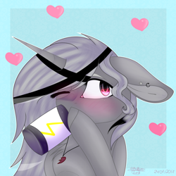 Size: 2000x2000 | Tagged: safe, artist:doux-ameri, oc, oc only, oc:moony, pony, unicorn, blushing, coffee, female, floppy ears, high res, mare, one eye closed, solo