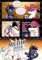 Size: 800x1131 | Tagged: safe, artist:vavacung, oc, bat pony, pony, comic, dialogue, drinking, female, fuel, fuel tank, looking at each other, male, open mouth, plane, sweat, sweatdrop, tsunderplane, undertale, vomit, vomiting, yelling