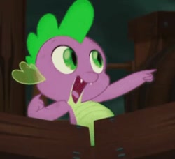 Size: 516x471 | Tagged: safe, screencap, spike, dragon, my little pony: the movie, baby, baby dragon, celaeno's airship, claws, cropped, cute, dab, fangs, green eyes, looking at something, male, nails, open mouth, pirate ship, pointing, pose, scales, smiling, solo, spikabetes, wood