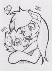 Size: 2635x3597 | Tagged: safe, artist:latecustomer, oc, oc only, oc:angel tears, oc:speck, bat pony, female, filly, heart, hug, mother and child, mother and daughter, parent and child, smiling, traditional art