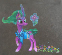 Size: 750x664 | Tagged: safe, artist:pony-from-everfree, mistmane, pony, unicorn, campfire tales, black background, clothes, curved horn, flower, flowing mane, magic, simple background, solo, telekinesis, traditional art