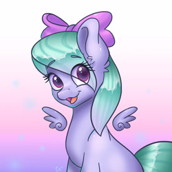 Size: 3543x3543 | Tagged: safe, artist:pitchyy, flitter, pegasus, pony, background pony, bow, cute, ear fluff, eye clipping through hair, eyebrows, female, flitterbetes, floating wings, gradient background, hair bow, looking at you, mare, open mouth, open smile, sitting, small wings, smiling, smiling at you, solo