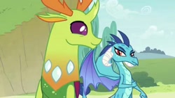 Size: 1080x610 | Tagged: safe, screencap, princess ember, thorax, changedling, changeling, dragon, triple threat, female, king thorax, male