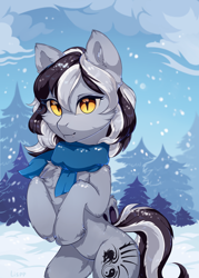 Size: 1500x2100 | Tagged: safe, artist:lispp, oc, oc only, bat pony, pony, bat pony oc, clothes, cute, fangs, female, fluffy, looking at you, mare, scarf, slit eyes, snow, snowfall, solo, tree, wings, winter, ych result