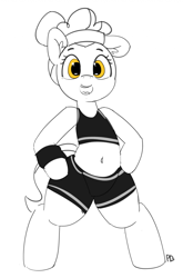 Size: 1280x1935 | Tagged: safe, artist:pabbley, sapphire shores, pony, 30 minute art challenge, belly button, bipedal, bra on pony, clothes, midriff, partial color, solo, sports bra, sports shorts, sweatband