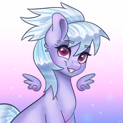 Size: 3543x3543 | Tagged: safe, artist:pitchyy, cloudchaser, pegasus, pony, female, floating wings, gradient background, grin, looking at you, mare, sitting, small wings, smiling, solo