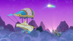Size: 1920x1080 | Tagged: safe, screencap, once upon a zeppelin, airship, canterlot, cloud, loudspeaker, night, no pony, northern stars, scenery, shooting star, zeppelin