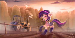 Size: 2754x1390 | Tagged: safe, artist:anti1mozg, artist:ramiras, oc, oc only, oc:amethyst arkin, earth pony, pony, collaboration, basket, boots, clothes, daisy dukes, farm, female, floppy ears, food, forest, looking at you, mare, mouth hold, one eye closed, potato, raised hoof, scenery, shoes, shorts, solo, tractor, wink