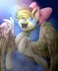 Size: 2438x2977 | Tagged: safe, artist:dusty-onyx, songbird serenade, pegasus, pony, my little pony: the movie, bow, crepuscular rays, female, hair bow, high res, mare, open mouth, solo, songbetes, spread wings, wings