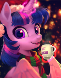 Size: 1699x2165 | Tagged: safe, artist:imalou, twilight sparkle, twilight sparkle (alicorn), alicorn, pony, best princess, bust, candy, candy cane, christmas, clothes, cute, ear fluff, female, fluffy, food, glowing horn, hat, holiday, levitation, looking at you, magic, mare, mug, open mouth, santa hat, scarf, smiling, solo, spread wings, telekinesis, twiabetes, wings, winter