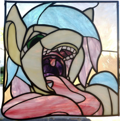 Size: 3183x3195 | Tagged: safe, artist:ponythroat, artist:tjglass, oc, oc only, oc:vorepone, bust, human teeth, irl, mawshot, open mouth, photo, photo bust, portrait, stained glass (irl), tongue out