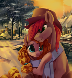 Size: 2008x2160 | Tagged: safe, artist:taneysha, bright mac, pear butter, earth pony, pony, the perfect pear, applejack's parents, bridge, chimney, clothes, cloud, cowboy hat, female, freckles, hair tie, hat, high res, hug, male, mare, mother and father, scarf, shared scarf, sky, smiling, smoke, snow, stallion, tree, water, winter