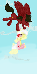 Size: 4000x8000 | Tagged: safe, artist:euspuche, oc, oc only, oc:carmen garcía, oc:cloud rider, earth pony, pegasus, pony, cloud, female, flower, flower in hair, flying, sky, tongue out