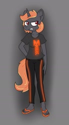 Size: 1253x2263 | Tagged: safe, artist:monokron, oc, oc only, oc:incendia, anthro, plantigrade anthro, unicorn, anthro oc, clothes, ear fluff, female, flip-flops, frown, glow, gritted teeth, hand on hip, mare, sandals, shirt, solo, standing