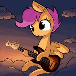 Size: 825x825 | Tagged: safe, artist:tjpones, scootaloo, pegasus, pony, animated, bass guitar, chest fluff, cloud, female, filly, frown, gif, guitar, musical instrument, sad, scootabass, sitting, solo, sunset