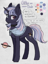 Size: 540x720 | Tagged: safe, artist:dusty-onyx, oc, oc only, oc:glitter dusk, pony, unicorn, clothes, cutie mark, dark background, dialogue, dichromatic, female, heterochromia, mare, reference sheet, scarf, solo