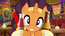 Size: 1366x768 | Tagged: safe, saffron masala, pony, dialogue, food, hot sauce, looking at you, manip, spicy