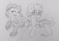 Size: 2047x1434 | Tagged: safe, artist:abbystarling, derpibooru exclusive, oc, oc only, oc:software patch, oc:windcatcher, earth pony, pegasus, pony, aviator goggles, aviator hat, bomber jacket, commission, fake wings, female, goggles, halloween costume, hat, male, monochrome, propellers, sketch, traditional art