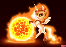 Size: 1980x1432 | Tagged: safe, artist:wwredgrave, daybreaker, alicorn, pony, chibi, female, fire, helmet, looking at you, mare, planet, rolling, smiling, solo, stars, sun, tangible heavenly object