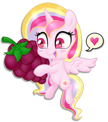 Size: 7713x8674 | Tagged: safe, artist:raspberrystudios, oc, oc only, oc:aurelia charm, alicorn, absurd resolution, alicorn oc, blushing, chibi, food, heart, pictogram, raspberry (food), shading, simple background, spread wings, transparent background