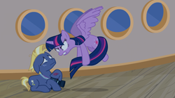 Size: 1920x1080 | Tagged: safe, screencap, star tracker, twilight sparkle, twilight sparkle (alicorn), alicorn, pony, once upon a zeppelin, airship, angry, camera, flying, freckles, holding tail, injured, prone, scared, short tail, sin of pride, sin of wrath, twibitch sparkle, tyrant sparkle, worst pony, you monster, zeppelin