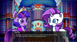 Size: 1824x1017 | Tagged: safe, artist:lilfunkman, rarity, twilight sparkle, twilight sparkle (alicorn), alicorn, pony, unicorn, fanfic:the enchanted library, bookshelf, crown, cute, female, jewelry, lesbian, library, raribetes, rarilight, regalia, shipping, twiabetes, visual novel